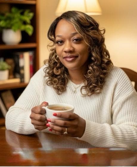 Gerty Nyirenda relaxing with a warm drink