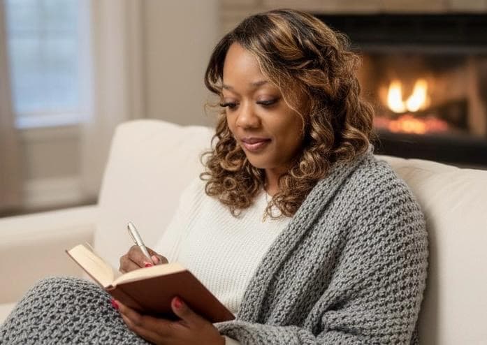 Gerty Nyirenda journaling by the fire